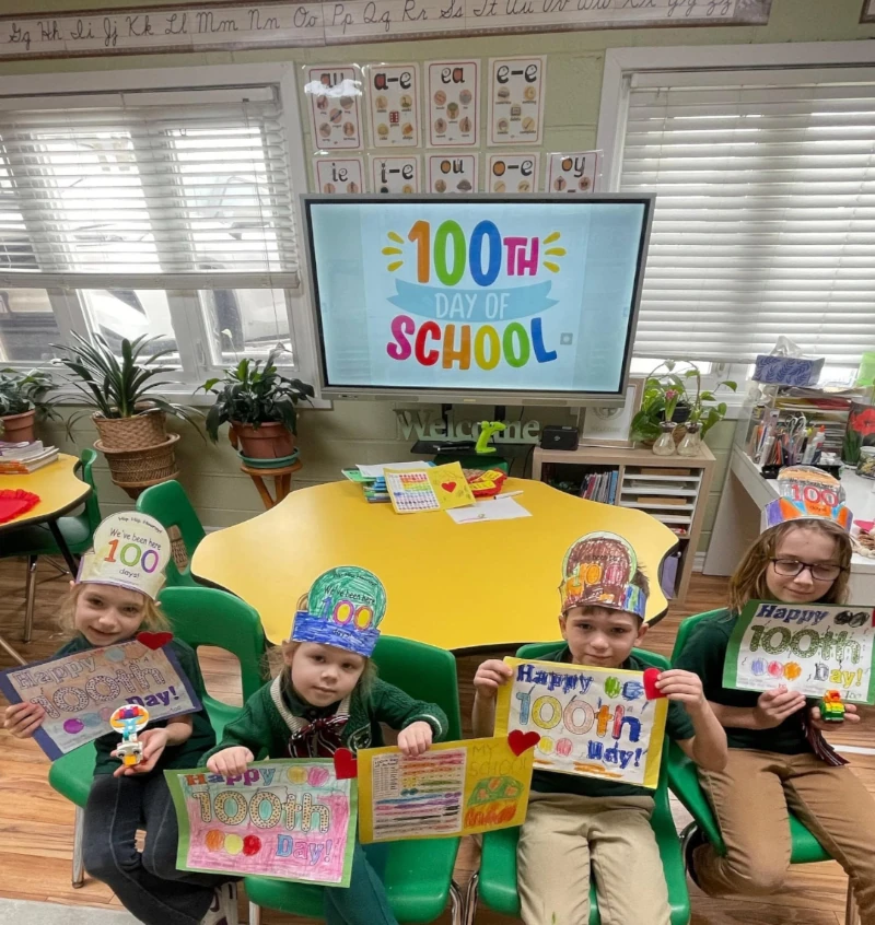 Students celebrating 100th day of school at Alderwood Academy