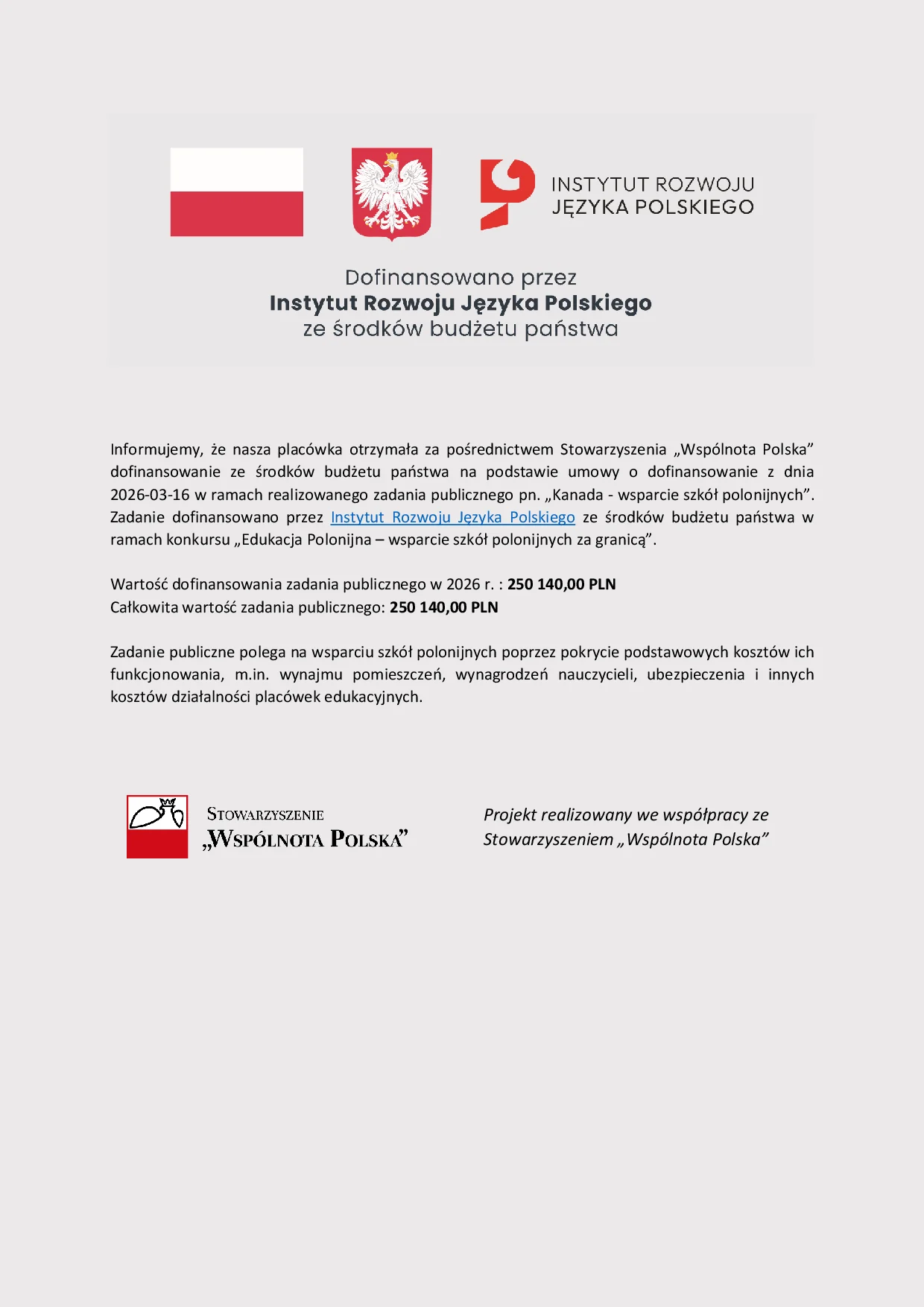 Instytut Rozwoju Języka Polskiego - Komunikat Szkoła Polonijna (16/03/2026)