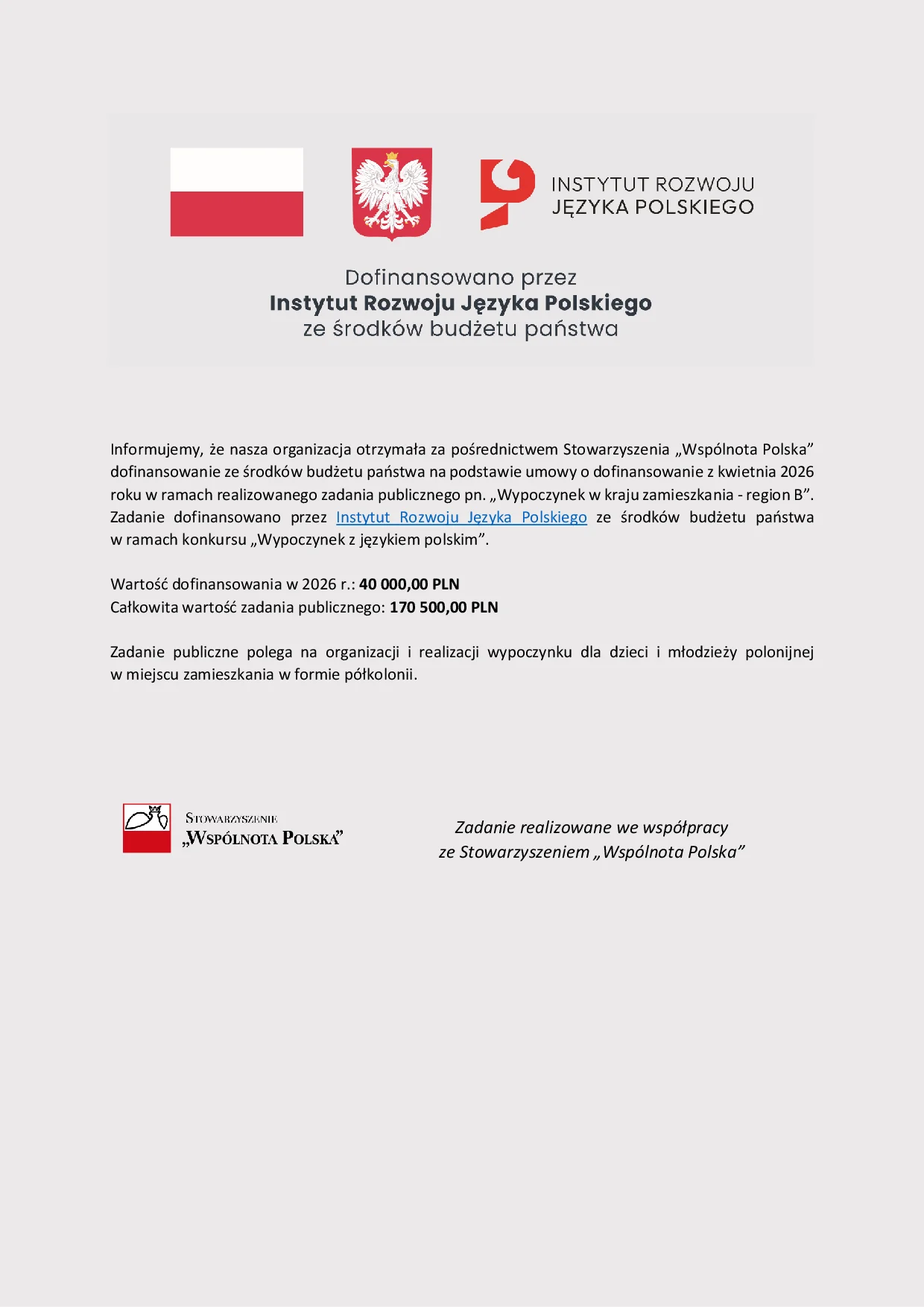 Instytut Rozwoju Języka Polskiego - Plakat obowiązkowej informacji, Wypoczynek region B (04/2026)